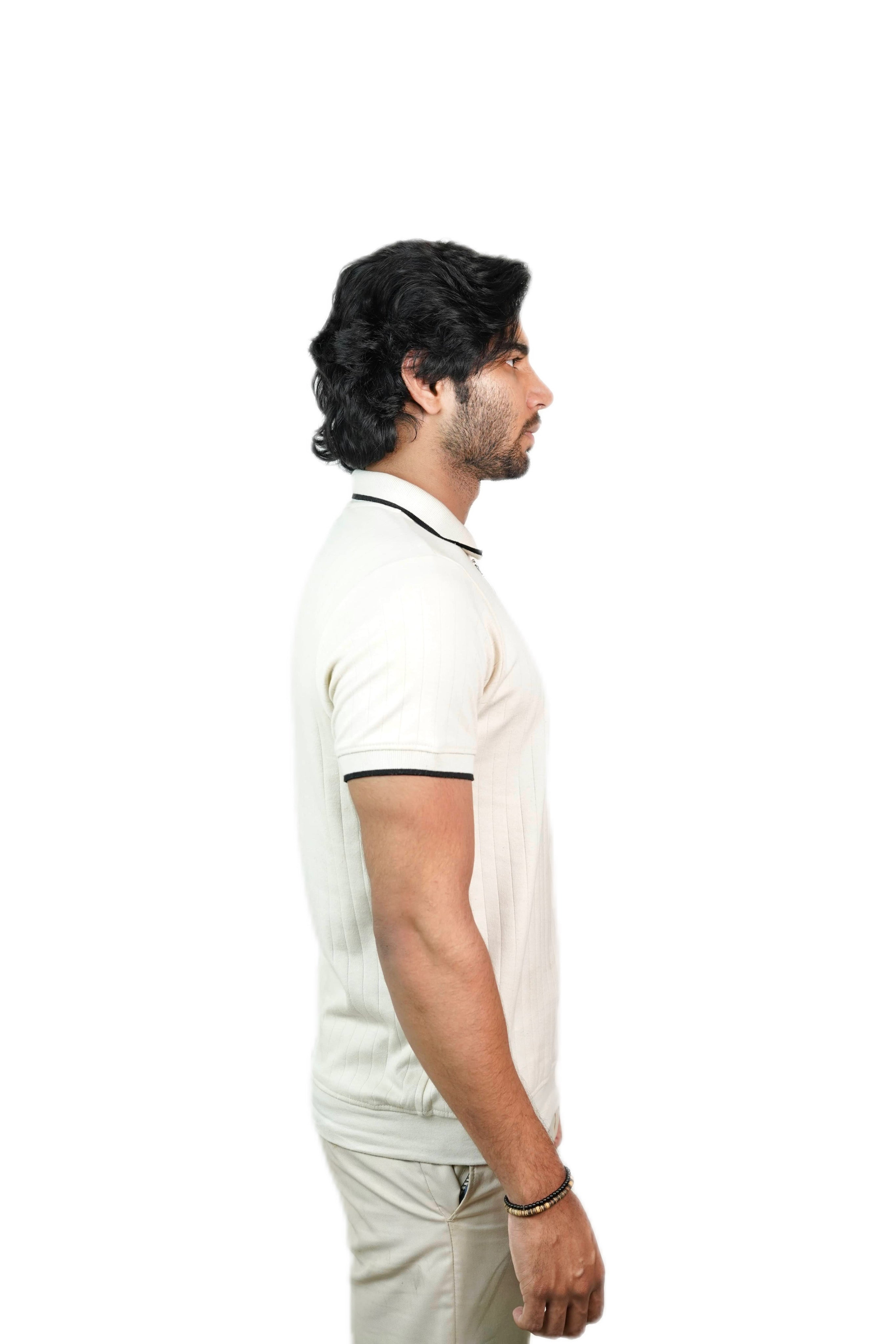 Ribbed Knit Zipper Polo Shirt